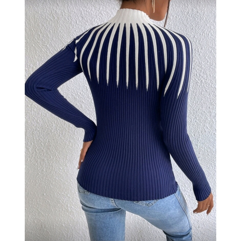 Shein Colorblock Mock Neck Sweater Navy Blue White Sz XL - Picture 2 of 7